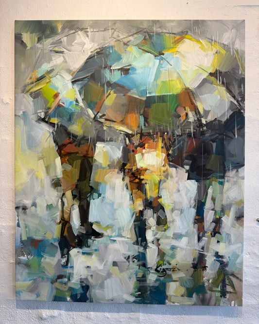 Friends walking with an umbrella.